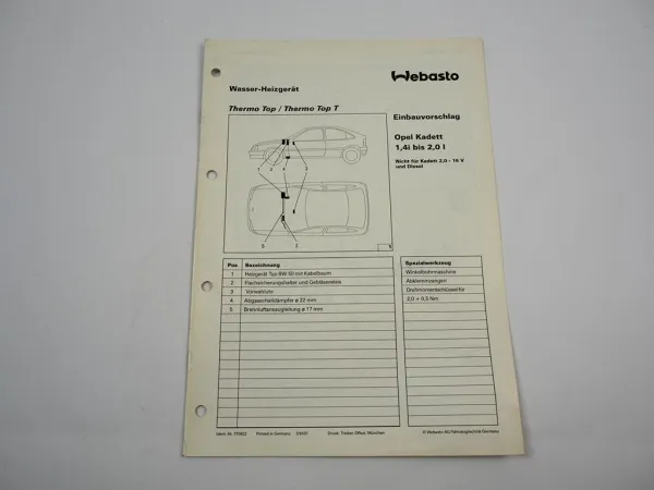 Opel Kadett E 1,4i bis 2,0l Einbauanleitung Webasto Thermo Top T BW50 Heizung