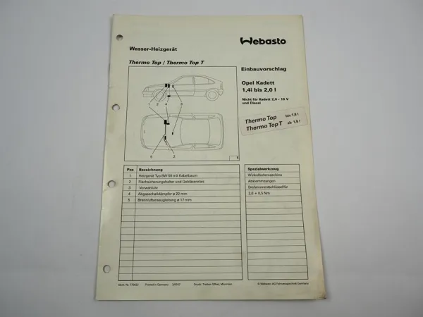 Opel Kadett E 1,4i bis 2,0l Einbauanleitung Webasto Thermo Top T BW50 Heizung