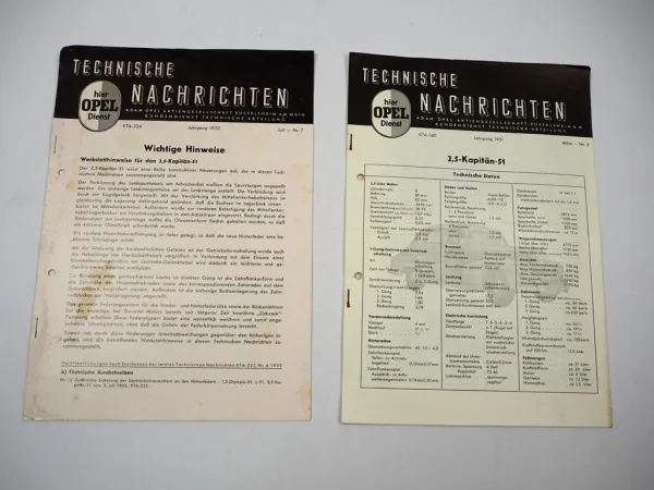 Opel Kapitän 51 2,5l Technische Nachrichten Werkstatthinweise 1951/52