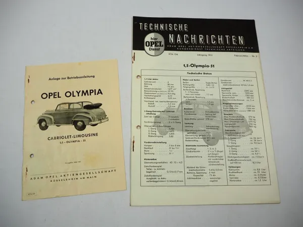 Opel Olympia 51 1,5l Technische Nachrichten Werkstatthinweise + Cabrio 1951