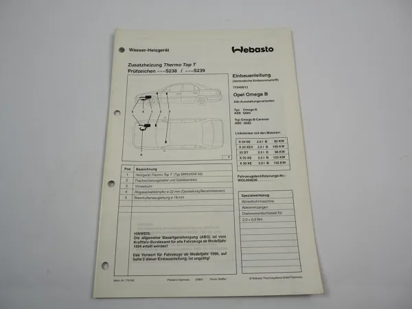 Opel Omega B 2.0 2.5 3.0 Einbauanleitung Webasto Thermo Top T BW DW 50 Heizung