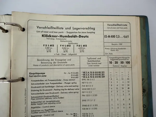 Ordner mit Bosch Service Listen für Deutz Motoren BJ 1950er-1960er Jahre