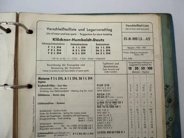 Ordner mit Bosch Service Listen für Deutz Motoren BJ 1950er-1960er Jahre