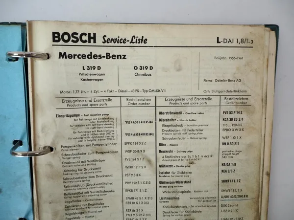 Ordner mit Bosch Service Listen für Mercedes Benz LKW Omnibus BJ 1950er-1960er