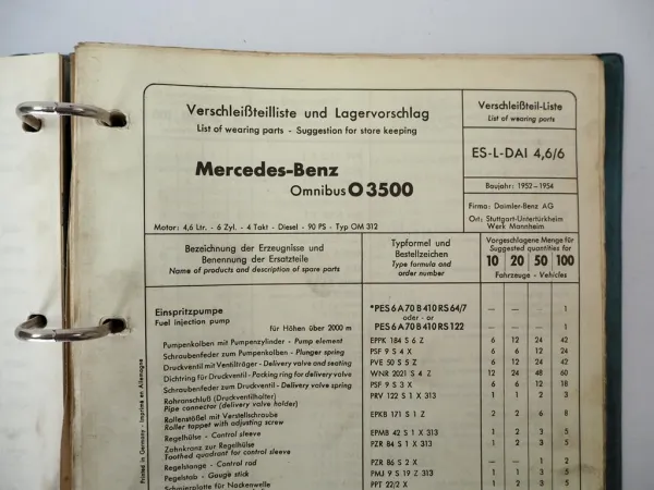 Ordner mit Bosch Service Listen für Mercedes Benz LKW Omnibus BJ 1950er-1960er