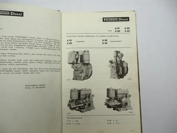 Orig. Farymann A10 A20 A30 A40 Dieselmotor Betriebsanleitung Ersatzteilliste