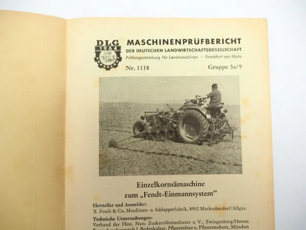 Orig. Fendt Einzelkornsämaschine Einmannsystem für Geräteträger Prüfbericht 1964