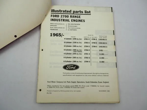 Orig. Ford 2700 Range 4 & 6 Cyl. 2701E - 2709E Service Manual + Parts List 1965