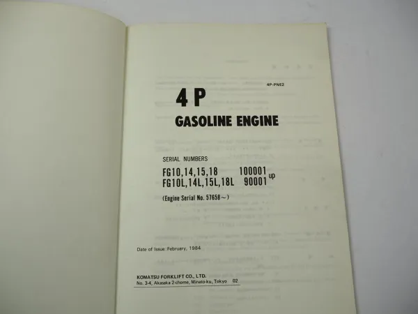 Orig. Komatsu 4P Gasoline Engine FG 10 14 15 18 L Forklift Parts Book 1984