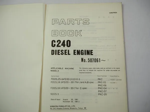 Orig. Komatsu C240 Diesel Engine for FD 15 18 20 25 30 Forklift Parts Book 1981