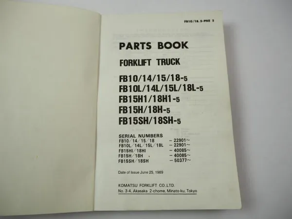 Orig. Komatsu FB 10 14 15 18 L H H1 SH -5 Forklift Parts List 1989 Ersatzteilliste