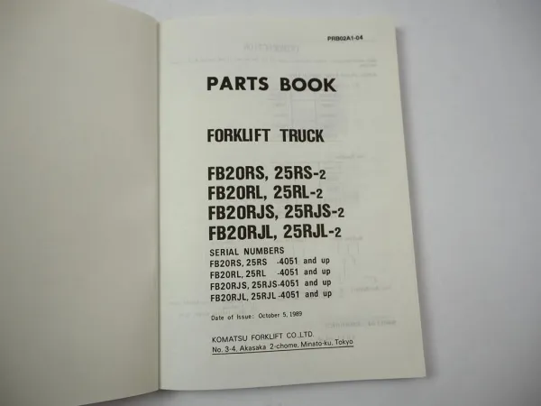 Orig. Komatsu FB 20 25 RS RL RJS RJL -2 Forklift Parts List Ersatzteilliste 1989