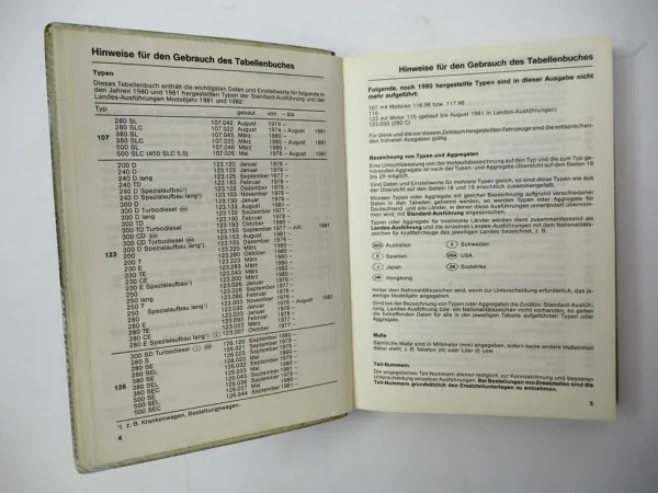 Orig. Mercedes Benz R107 W123 W126 Tabellenbuch PKW 1982 280SL - 500 SE SEL SEC