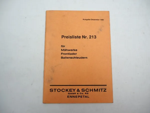 Orig. Preisliste S&S Stockey & Schmitz Mähwerke Frontlader Ballenschleudern 1981