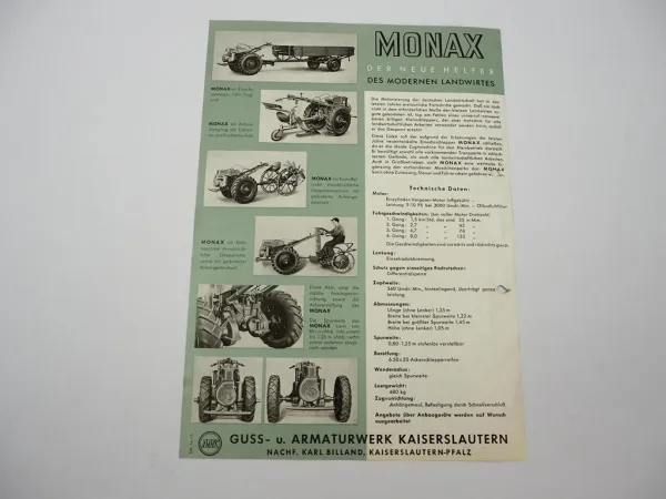 Orig. Prospekt AWK Armaturenwerk Kaiserslautern Monax Einachsschlepper 1950er J.