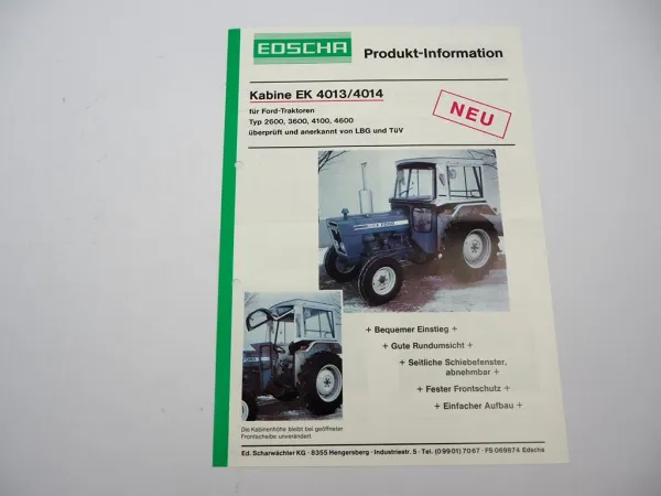 Orig. Prospekt Edscha EK 4013 4014 Kabine für Ford 2600 3600 4100 4600 Schlepper
