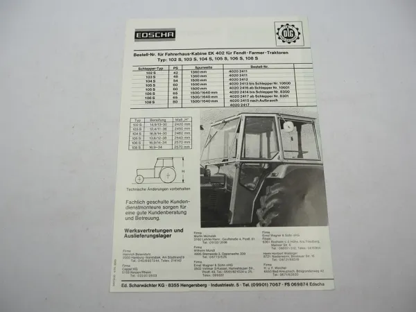Orig. Prospekt Edscha EK 402 Kabine für Fendt Farmer 102S bis 108S 1975