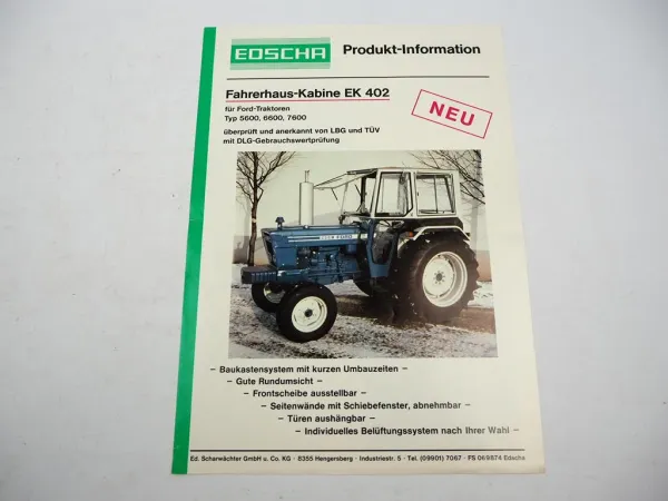 Orig. Prospekt Edscha EK402 Kabine für Ford 5600 6600 7600 Schlepper 1976