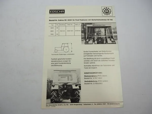 Orig. Prospekt Edscha EK402 Kabine für Ford 5600 6600 7600 Schlepper 1976