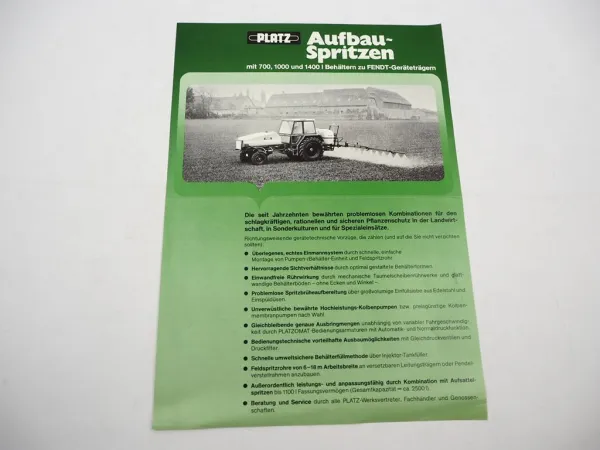 Orig. Prospekt Platz Pflanzenschutz Aufbauspritzen an Fendt Geräteträger GT 1977