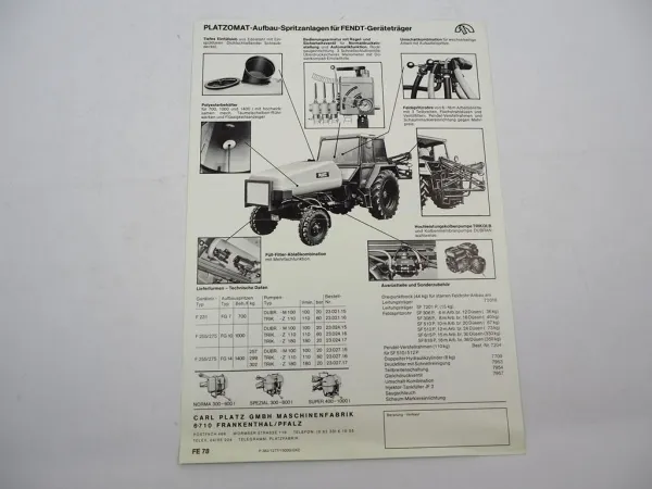 Orig. Prospekt Platz Pflanzenschutz Aufbauspritzen an Fendt Geräteträger GT 1977