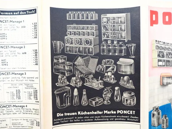 Orig. Prospekt Poncet Küchenhelfer Aufbewahrung Glas 1939 Eisen-Fuchs Stuttgart