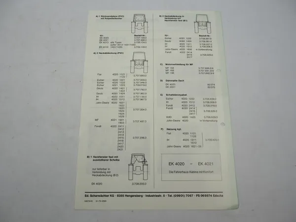Orig. Prospekt Scharwächter Edscha EK 4013 4020 4021 Kabine für Schlepper 1975