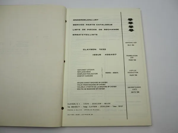 Orig. Sperry Clayson 1530 Combine Mähdrescher Ersatzteilliste Parts List 7/1972