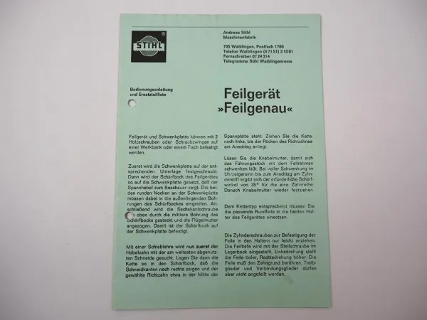 Orig. Stihl Feilgenau Feilgerät für Sägeketten Betriebsanleitung Ersatzteilliste