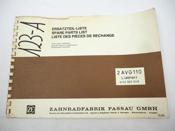 Orig ZF 2 AVG 110 Verteilergetriebe Ersatzteilliste Liebherr Parts List 10/1985