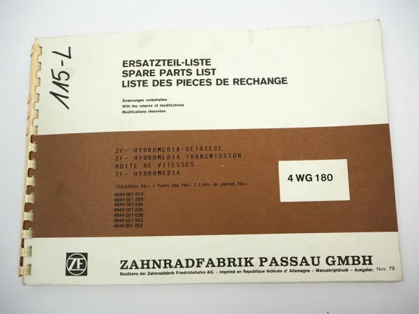 Orig. ZF 4 WG 180 Hydromedia Getriebe Ersatzteilliste O&K - Faun Zettelmeyer 79