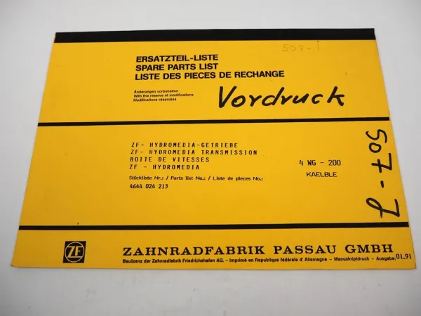 Orig ZF 4 WG-200 Hydromedia Getriebe Ersatzteilliste Kaeble Parts List 01/1991