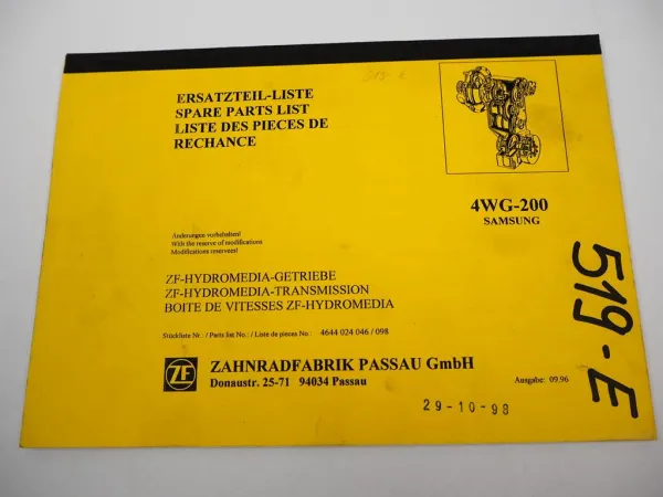 Orig ZF 4 WG-200 Hydromedia Getriebe Ersatzteilliste Samsung Parts List 09/1996