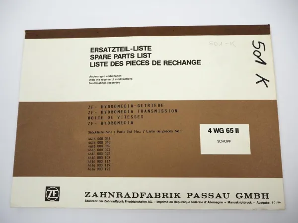 Orig ZF 4 WG 65 II Hydromedia Getriebe Ersatzteilliste Schopf Parts List 10/1986