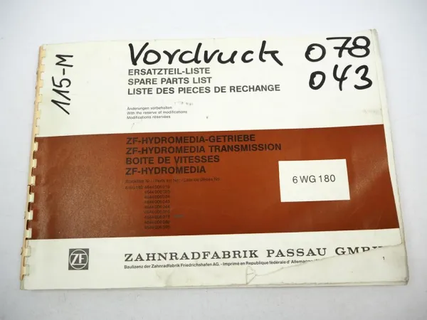 Orig. ZF 6 WG 180 Hydromedia Getriebe Ersatzteilliste O&K Faun Krupp Terex
