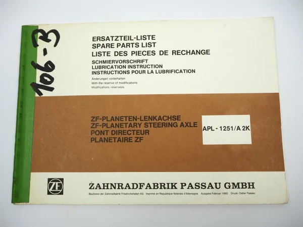 Orig. ZF APL-1251/A 2K Planetenlenkachse Ersatzteilliste Eicher Fendt IHC 2/80