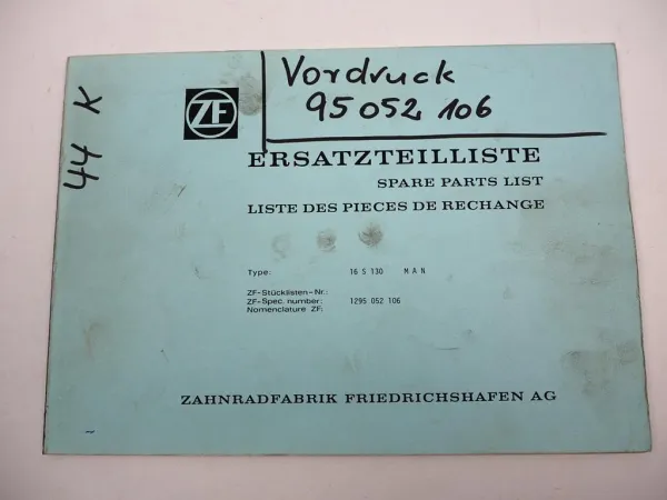 Orig. ZF Ecosplit 16 S 130 Getriebe Ersatzteilliste MAN Spare Parts List 07/1987