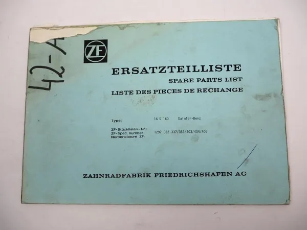 Orig. ZF Ecosplit 16 S 160 Getriebe Ersatzteilliste Daimler Benz Parts List 4/87