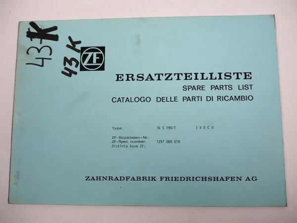 Orig. ZF Ecosplit 16 S 190/1 Getriebe Ersatzteilliste IVECO Parts List 11/1990