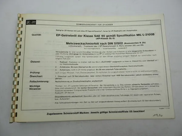 Orig ZF RPL-B 24/C Achsteile Ersatzteilliste Sennebogen Spare Parts List 09/1984