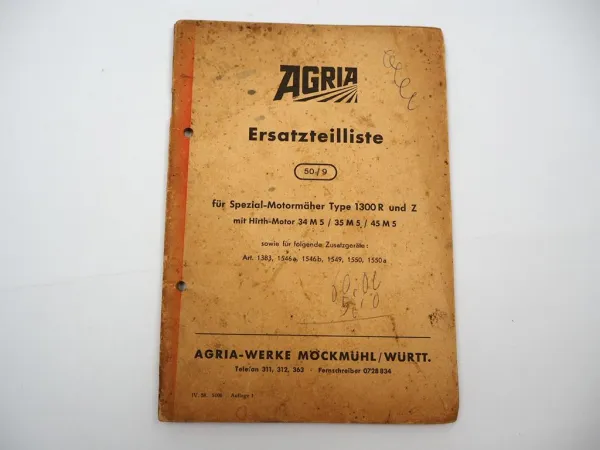 Original Agria 1300 R Z Motormäher mit Hirth Motor Ersatzteilliste 1958