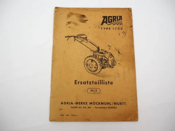 Original Agria 1700 Einachsschlepper mit Jlo Motor L251 Ersatzteilliste 1958