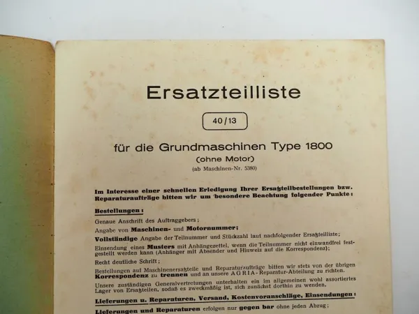 Original Agria 1800 Einachsschlepper Universalmaschine Ersatzteilliste 1956