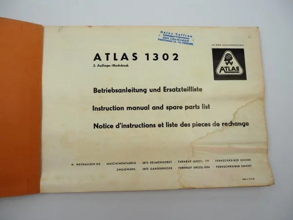 Original Atlas 1302 Hydraulikbagger Betriebsanleitung Ersatzteilliste 1970