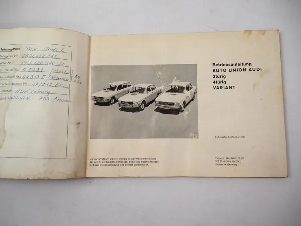 Original Audi 80 Variant 80L F103 Betriebsanleitung 9/1967 Bedienung & Wartung