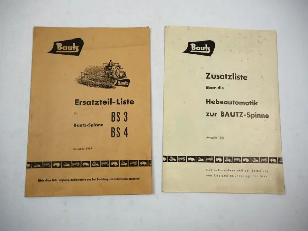Original Bautz BS3 BS4 Spinne Heuwender Hebeautomatik Ersatzteilliste 1959