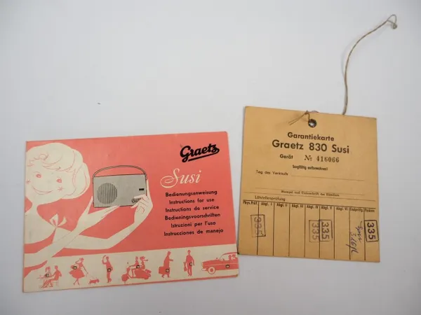 Original Bedienungsanleitung Garantiekarte Graetz Susi 830 Kofferradio 1959