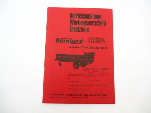 Original Bernhard Contra Dungstreuer Anhänger Betriebsanleitung Ersatzteilliste