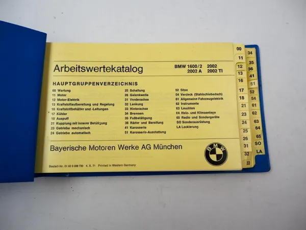 Original BMW 1600/2 2002 A Ti Serie 02 Arbeitswertekatalog 1971