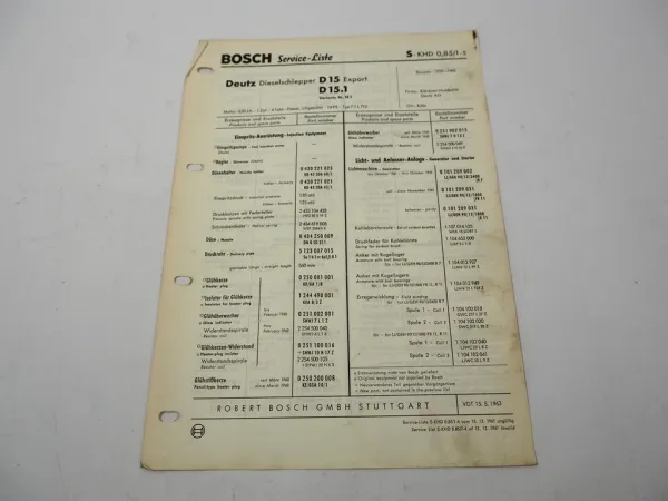Original Bosch Service-Liste für Deutz D15 Export D15.1 Schlepper 1959-1963